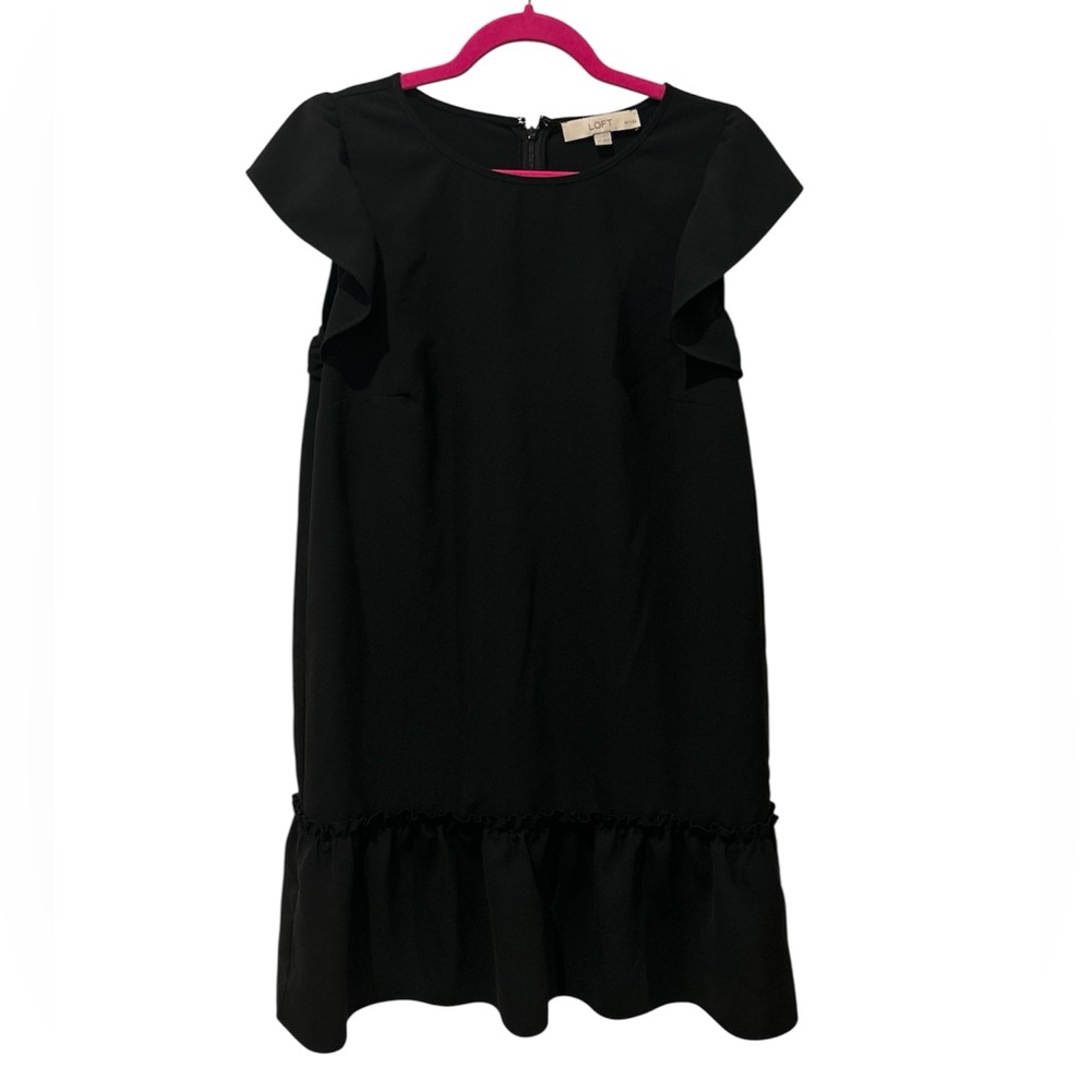 LOFT Elegant Black Dress with Ruffle Hem and Flutter Cap Sleeve PETITE